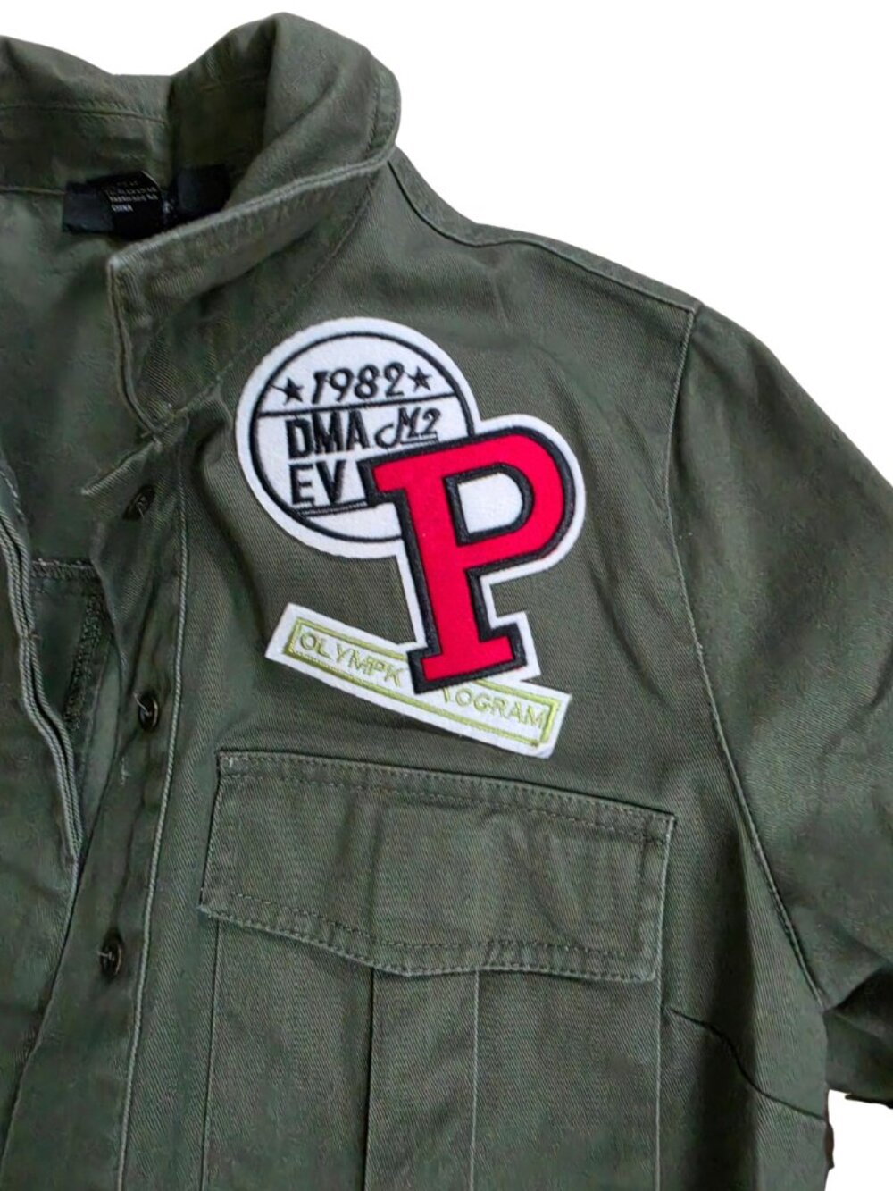 Forever 21 Olive Green Utility Field Short Jacket Embroidered Patches Army Small - Picture 3 of 7